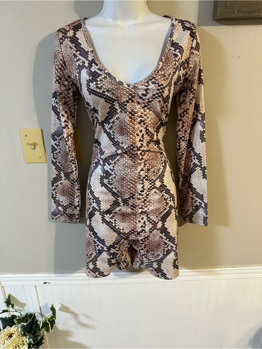 Snakeskin Print Long-Sleeve V-Neck Romper in Brown & Cream